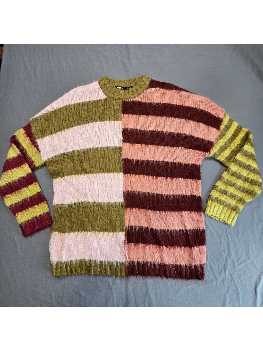 The Ragged Priest Small Striped Oversized Sweater Pink Green Burgundy Fuzzy